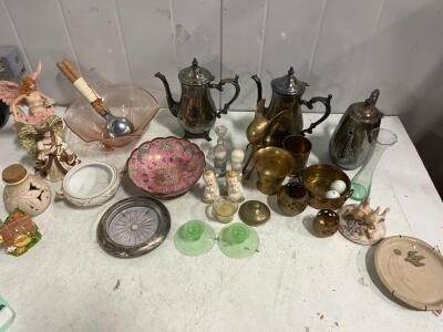Mixed Lot Vintage Collectibles &ndash; Angel Figurines, Brassware, Silver-Plated Teapots, Glass Bowls (25+ pieces)