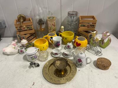 Vintage Mixed Lot &ndash; Floral Porcelain Tea Set, Emoji Mugs, Oil Lamp, Brass D&eacute;cor, Jars, Wood Crates