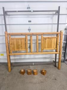 Rustic Wooden Log Headboard with Metal Rails and Wooden Risers, Queen/Full Size