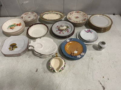 Large Assorted Vintage Porcelain & Ceramic Dinnerware Lot &ndash; Floral, Gold, Novelty, 41 Pieces