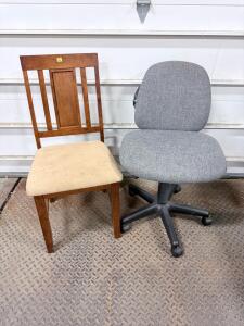 Wooden Dining Side Chair & Adjustable Gray Fabric Office Task Chair, Slatted Back, Rolling Base