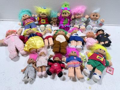 Lot of 17 Vintage Russ & Tyler Plush Troll Dolls, 12-14 Inch, Neon Hair, Varied Outfits, Tagged