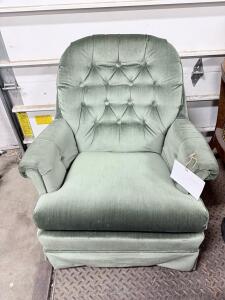 Traditional Sage Green Tufted Back Upholstered Armchair, Skirted, Rolled Arms, Vintage Style