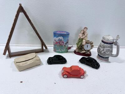 Vintage Collectibles Lot: Figurine Clock, Beer Stein, Tin, A-frame Shelf, Toy Cars