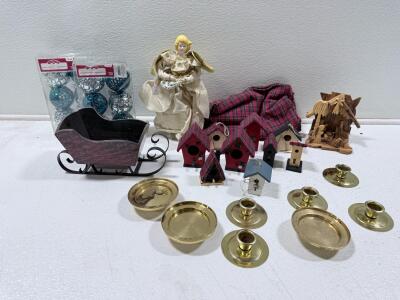 Holiday Decor Lot: Shatterproof Ornaments, Angel Topper, Birdhouses, Brass Candlesticks, Plaid Skirt