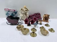 Holiday Decor Lot: Shatterproof Ornaments, Angel Topper, Birdhouses, Brass Candlesticks, Plaid Skirt - 2