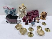 Holiday Decor Lot: Shatterproof Ornaments, Angel Topper, Birdhouses, Brass Candlesticks, Plaid Skirt - 3