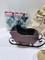 Holiday Decor Lot: Shatterproof Ornaments, Angel Topper, Birdhouses, Brass Candlesticks, Plaid Skirt - 4