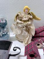 Holiday Decor Lot: Shatterproof Ornaments, Angel Topper, Birdhouses, Brass Candlesticks, Plaid Skirt - 5