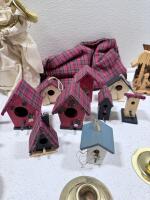 Holiday Decor Lot: Shatterproof Ornaments, Angel Topper, Birdhouses, Brass Candlesticks, Plaid Skirt - 6