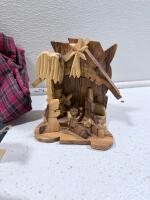Holiday Decor Lot: Shatterproof Ornaments, Angel Topper, Birdhouses, Brass Candlesticks, Plaid Skirt - 7