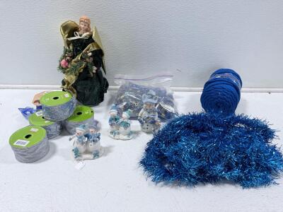 Blue & Silver Christmas D&eacute;cor Lot &ndash; Tinsel Garland, Ribbon, Angel Topper, Snowman Figures