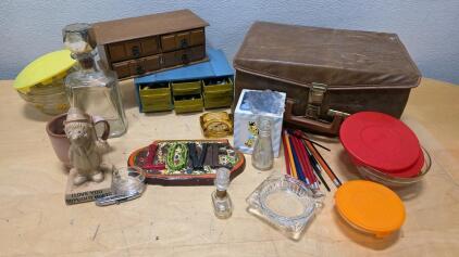 Vintage Miscellaneous Lot: Leather Case, Wood Chest, Glassware, Art Plaque, Bowls, Collectibles