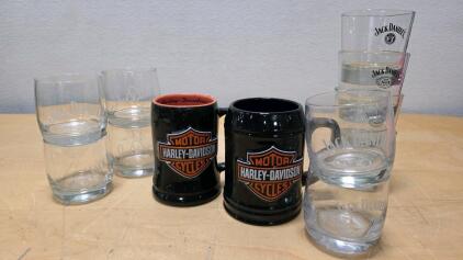 Harley-Davidson Beer Stein Mugs & Jack Daniel's Whiskey Glasses Set, Branded Collectors, 12 Pieces