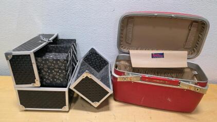 Royal Traveller Vintage Red Train Case & Modern Aluminum Makeup Artist Beauty Case Set