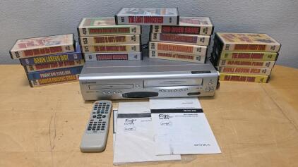 Emerson EWD2204 DVD/VHS Combo Player with Remote, Manuals, and 19 Western VHS Tapes