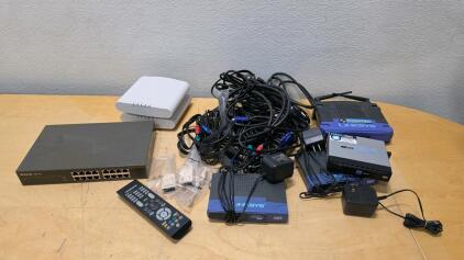 Mixed Lot: D-Link DES-16 Switch, Linksys BEFSR41 Router, SPA2102 ATA, Cables, Accessories