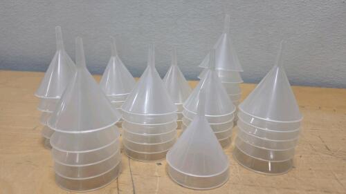 Set of Stackable Translucent Plastic Funnels, 2.5" Diameter, 3.5" Height, Polypropylene