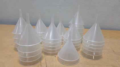 Set of Stackable Translucent Plastic Funnels, 2.5" Diameter, 3.5" Height, Polypropylene