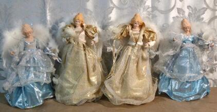 Set of 4 Christmas Tree Topper Angels, Blue/Silver & Gold/White Dresses