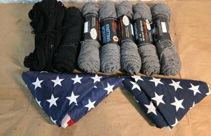 Vintage Red Heart Knitting Wool Gray Yarn Lot, 5 Skeins, Plus 2 Black Skeins, 2 Folded USA Flags