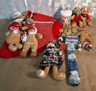 Mixed Christmas Holiday Lot: Plush Gingerbread Figures, Ceramic Nativity, Stocking, Ornaments