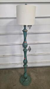 Distressed Teal Wooden Floor Lamp, Fabric Drum Shade, Rotary Socket Switch, UL Listed