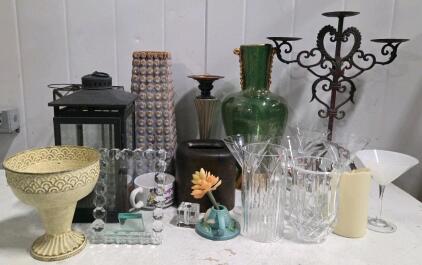 Mixed Decorative Home Decor Lot &ndash; Vases, Metal Lanterns, Candelabra, Glassware, Assorted Styles