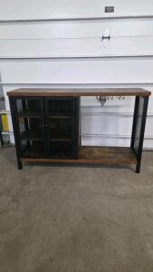 Industrial Wine Bar Cabinet, Mesh Doors, Built-in Bottle & Glass Rack, Rustic Brown/Black