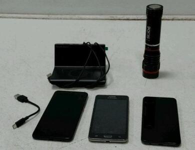 Brookstone Alarm Clock and Wireless Charger, Slyde Flashlight and 3 Phones (Everything Turns On)