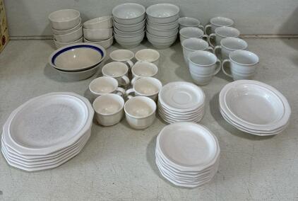 56 piece dish set including plates, appaatizer plates, Tea and coffee cups. Bowls and serving bowl.