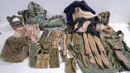 Extensive U.S. Military Field Gear Lot: ALICE/Web Belts, Canteen, Harnesses, Camouflage, Flashlight