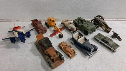 Vintage Toy Vehicle Lot &ndash; Mixed Wood, Metal, Plastic Cars, Jeeps, Airplane & Cannons, 1931 Stutz