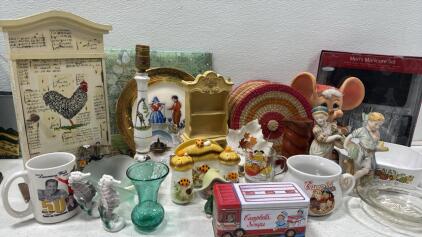 Vintage Collectibles Lot: Campbell's Soup Tin & Mug, Decor, Figurines, Kitchenware, 22 Items