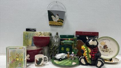 Farmhouse Decor & Collectibles Lot &ndash; John Deere Ornaments, Bear Cookie Jar. Plates, Kitchenware