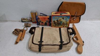 Mixed Lot of Vintage Lunchboxes, Collectible Tins, Jump Rope, Toy Wood Gun & Canvas Bags