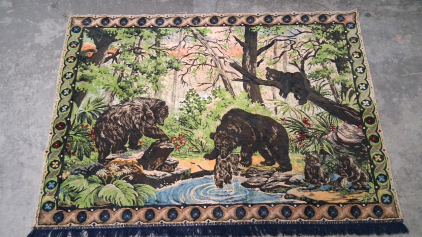 Vintage Woven Tapestry Rug &ndash; Bears in Forest Scene, Wool Blend, Decorative Wall Hanging, 5x4 ft