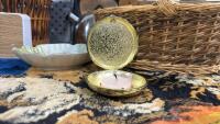 Ornate Blue and Gold Hinged Trinket Box, 3.25" Round, Brass Metal, Rhinestone Decor - 3