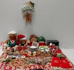 Large Gingerbread & Christmas Decor Lot, Plush Dolls, Ornaments, Plates, Holiday Figurines
