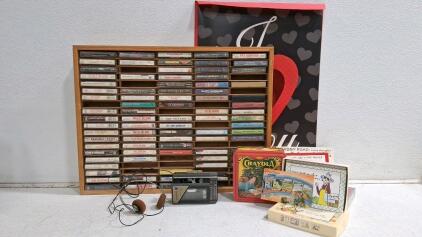 Large Vintage 60 Cassette Tape Collection with Wooden Rack, Cassette Player, Headphones & Crayola Tin