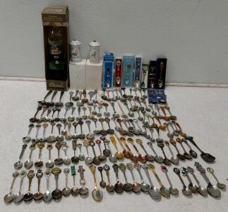 Vintage Souvenir Spoon Collection Lot &ndash; 50+ Pieces, Boxed & Loose, Decorative Jars & Oil Lamp Extras