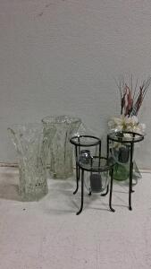 Set of 2 Cut Glass Vases, 3 Glass Candle Holders with Metal Stands, Green Vase with Flowers