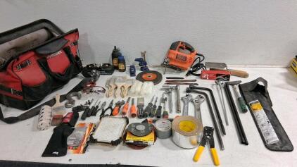 Large Husky Tool Bag Set with Black+Decker Jigsaw(tested and working), Hand Tools, Clamps, Accessories & More