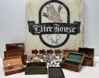 Large Collection of Geodes, Polished Gemstones, Mixed Minerals & Wooden Display Boxes, ~60 Pieces