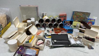Huge Craft and Hobby Supply Lot with Travel Spirograph, Tools, Caliper, and Storage Containers