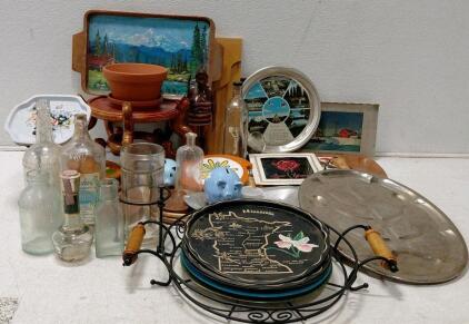 Mixed Lot Vintage Glass Bottles, Minnesota Souvenir Trays, Ceramic & Metal Decor, Mid-Century