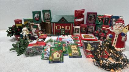 Vintage & Modern Christmas Lot &ndash; Santa Cookie Jar, House Box, Ornaments, Cards, Lights (30+ Pc)