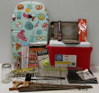 Coleman 28QT Cooler, Hand Saw, Wire Racks, Grilling & Kitchen Lot