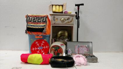 Household Mixed Lot: Nightstand, Walking Cane, Holiday Tins, Blowup Soccer Ball, Stationary, Accessories
