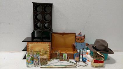 Vintage Collectible Lot: Fedora Hat, Peanuts Glasses, Train Case, Wine Rack & More